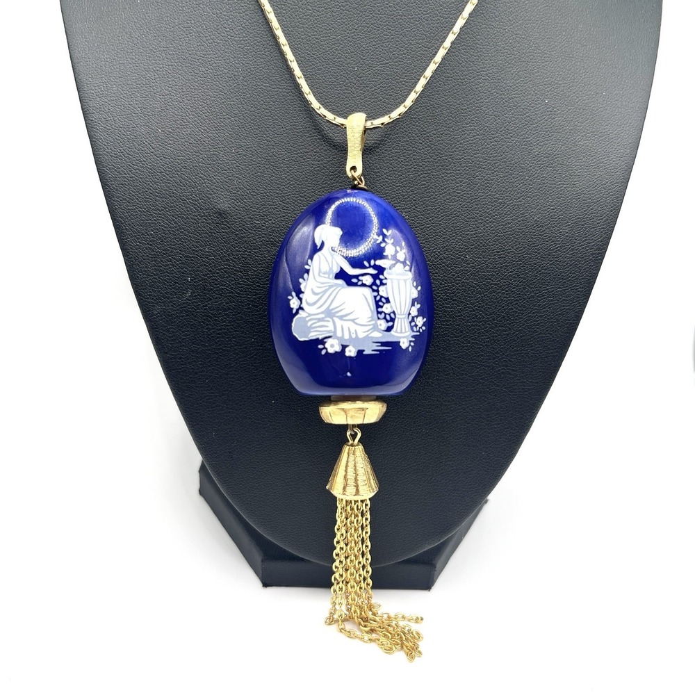 Grecian Goddess Cobalt Blue Porcelain Gold Tone Cork Tassel Necklace England 14"
